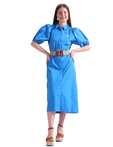 U.S. POLO ASSN. Women's Pure Cotton Relaxed Shirt Dress (UWSS24DRS118_Blue_XL)