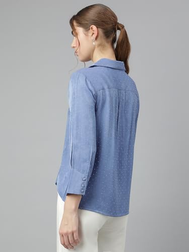 Latin Quarters Women Blue 3/4 Sleeve Spread Collar Solid Shirt_XL