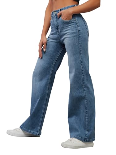 Dolce Crudo Women's Wide-Leg High Rise Regular Length Stretchable Shaping Denim Jeans (DOSS24DEN12-92-471-28, Cloud Blue, 28)