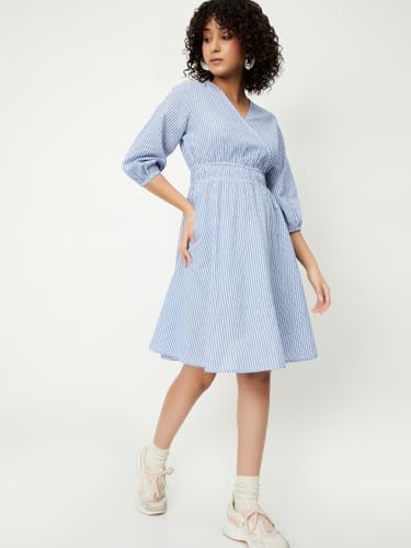 Women Striped Wrap Dress, Blue, M