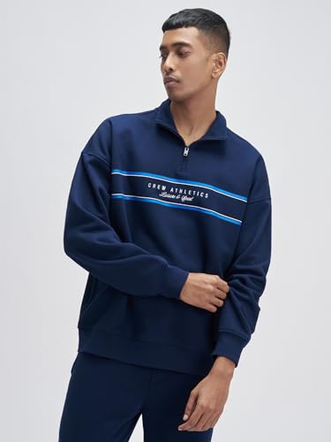 XYXX Crew Men Cotton Blend Zip up Sweatshirt| Long Sleeves with Half Zip Up| Sweatshirt for Men| Solid-Oversized |Blue Nights | XL