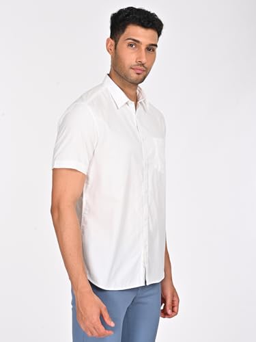 Cotton Half Sleeve Solid Shirt for Men by Indian Terrain, White, X-Large