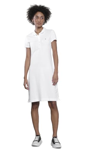 Tommy Hilfiger Women White Collar Short Sleeves Solid Cotton Button Polo Dress Knee-Length A2BWV153