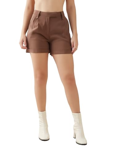 Latin Quarters Women Brown Solid High Rise Casual Shorts_S