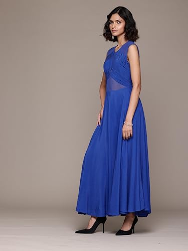 Label RITU KUMAR Round Neck Sleevelesss Solid Long Dress Royal Blue