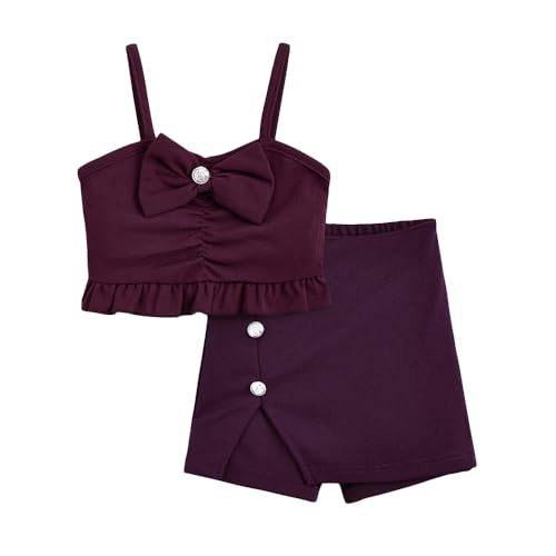 Hopscotch Girls Maroon Sleeveless 2-Piece Bow Applique Blouse and Shorts For Ages (5-6 Years)
