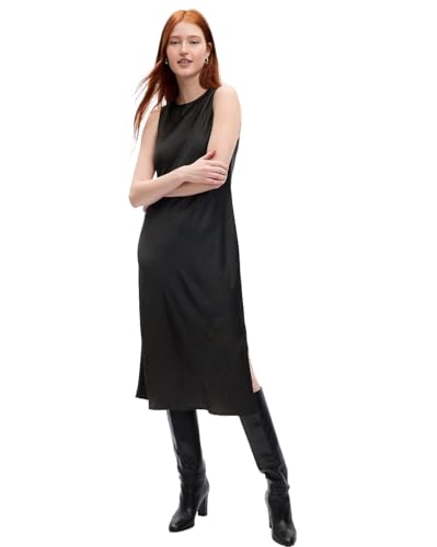 GAP Women Solid Sleeveless Midi Shift Dress,Black,L