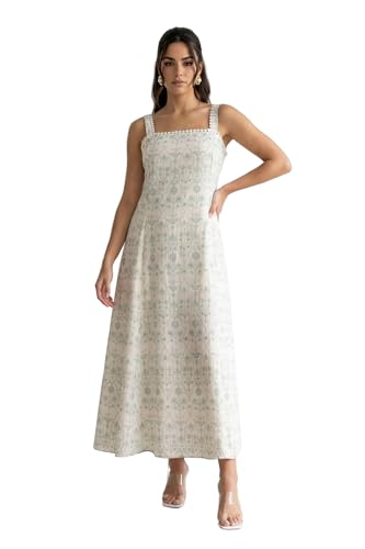 W for Woman Off White Embroidered Pure Cotton A-line Dress - (W13876-401239-M)