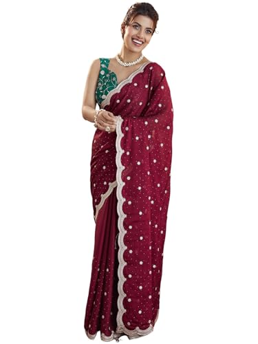 SIRIL Women's Silk Blend Embroidery & Stone Work Saree With Unstitched Blouse Piece (4021S591AA_Maroon)