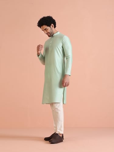 KISAH Men's Kurta Trouser Set, Green Silk Blend, Solid Regular Fit Mandarin Collar Long Sleeves, 44