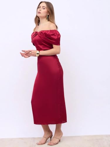 Styli Women Off-Shoulder Sheath Maxi Dress Wine