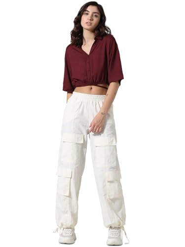 ONLY Women Solid Linen Crop Length Maroon Shirt