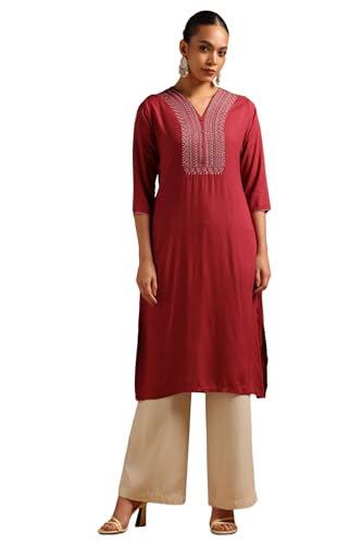 Soch Womens Onion Pink Rayon Embroidered Kurta with Thread Work