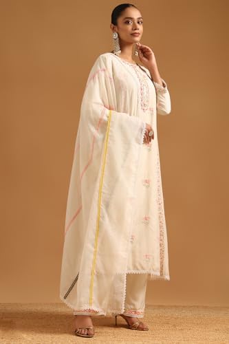 Soch Womens Cream Mul Chanderi Floral Salwar Suit With Thread Work