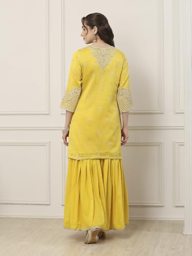 BIBA Women Yellow Silk Chanderi Straight Suit Set_34