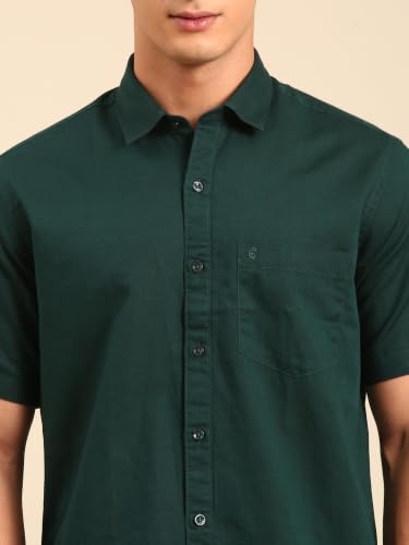Cavallo by Linen Club Men's Half Sleeve Solid Regular fit Linen-Cotton Casual Shirt Dark Green