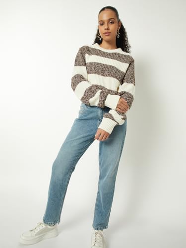 Max Women Boxy Fit Striped Sweater (Green_M)