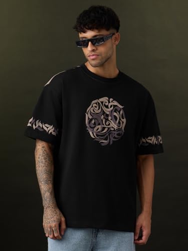 The Souled Store Zen Canvas Men and Boys Short Sleeves Round Neck Black Graphic Printed Calligraphy Graphic Casual Drop Shoulder Streetwear Trendy Cotton Oversized T-Shirts