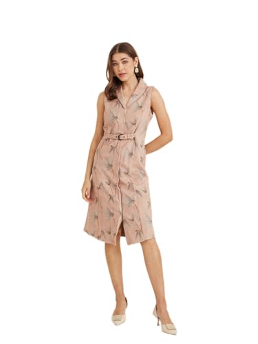 Latin Quarters Women's Beige Collar Neck Sleeveless Printed Casual Shirt Dress_S