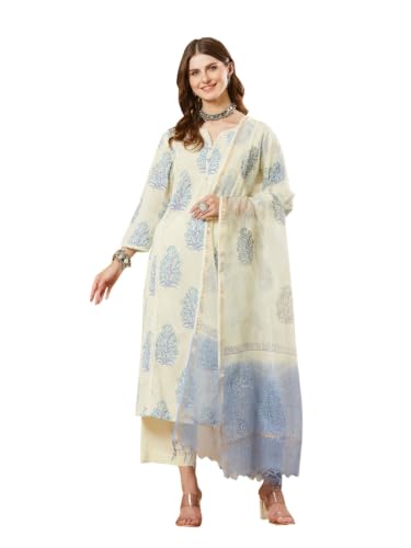 Divena Blue Floral Cotton Round Neck Kurta Sets with Dupatta
