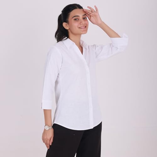 QUEEN SHIELD Women’s Linen Shirt with 3/4 Sleeves – V-Neck Button Down Casual Regualr Fit Top, Soft & Breathable Fabric White