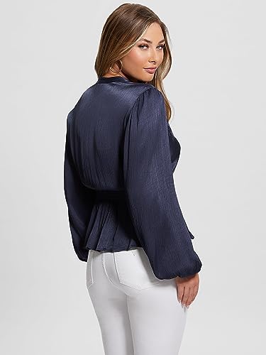 GUESS Women Navy Blue Embroidered V-Neck Full Sleeves Peplum Top