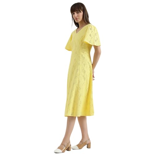 United Colors of Benetton Regular Fit V-Neck Schiffli Embroidered Dress (Size : L) - 26P4WVNDRS83I1G3 Yellow