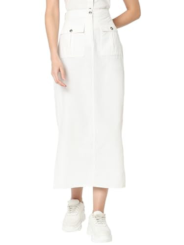 VERO MODA Women Solid White Linen Midi Length High-Rise A-Line Skirt