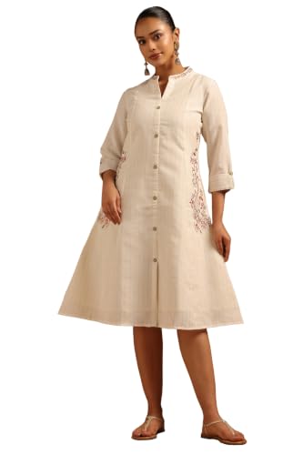 Soch Womens Off White Cotton Striped Dress with Zari Embroidery