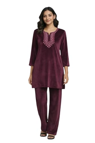 CAMEY Women Woolen|Winter Velvet Kurti & Pajama Set|Kashmiri Design Kurti Set (Wine, M)