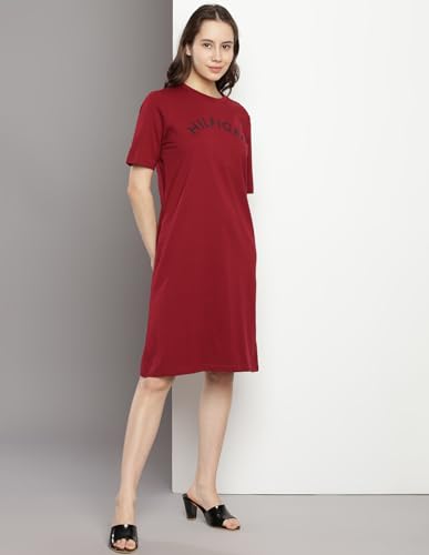 Tommy Hilfiger Women's Cotton T-Shirt Above The Knee Casual Dress (F23HWDR031_Maroon