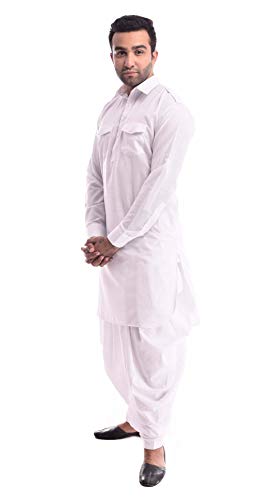 Royal Kurta Mens Linen Cotton Pathani Kurta Patiala Salwar Set White