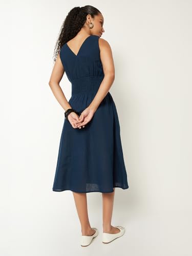 Max Women Solid A-line Dress (Blue_S)
