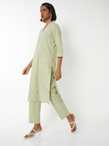 Max Women Embroidered Straight Kurta Set (Green_S)
