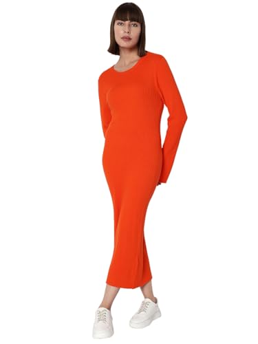 VERO MODA Women Textured Viscose Midi Orange Bodycon Dress