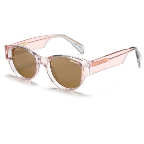 grey jack Oval TR90 Frame Polarized Sunglasses for Men Women,Classic Restro UV Protected Eyewear 3319 Transparent Pink Frame Brown Lens