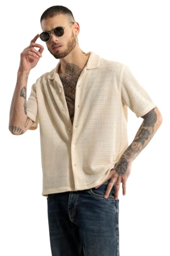 SNITCH Men Shirts | Box Fit Half Sleeve Cuban Collar Textured Design | Premium Polyester Crochet Knit Fabric for Streetwear & Elevated Casual Occasions | Cream