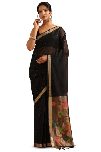 Soch Womens Black Tissue Woven Design Saree With Sequin