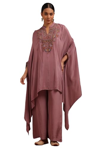 Soch Womens Onion Pink Crepe Embroidered Kaftan Suit With Cutdana