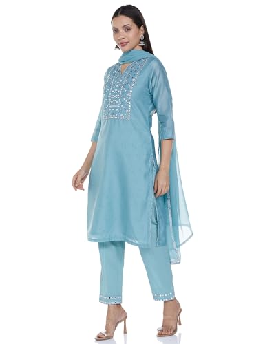 BIBA WOMEN EMBROIDERY NARROW SALWAR KURTA DUPATTA(SKD7402E_POWDER BLUE_40)