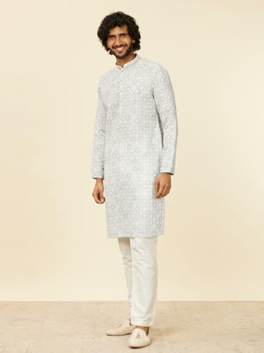 Manyavar Men's Light Mid Green Geometric Patterned Angrakha Style Kurta (XXL)