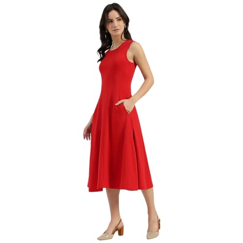 United Colors of Benetton Round Neck Solid A-Line Dress (Size: M) - 26P3E99W3821IRC5 Red