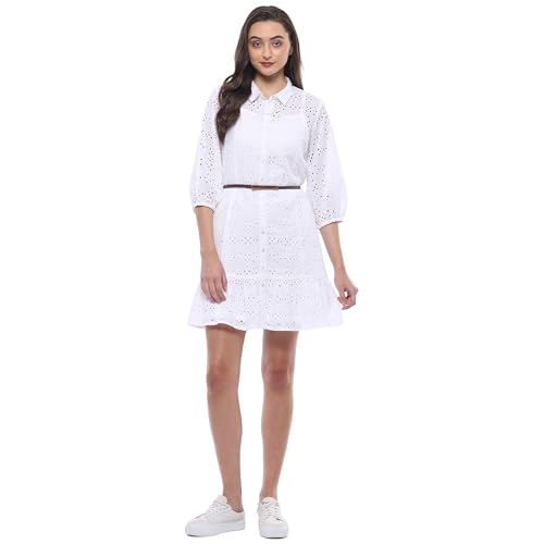 BIBA Women Cotton Straight Embroidred Dress Knee-Length Casual CASUALDRESSES2507SS24WHT_White