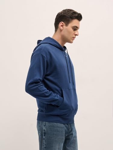 THE BEAR HOUSE Men's Navy Blue Solid Relax Fit Hoodie