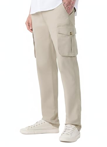 The Souled Store Solids: Beige Men and Boys Solid Cotton Twill Stretchable Utility Casual Streetwear Straight Fit Cargo Pants