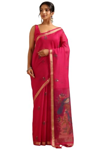 Soch Womens Fuchsia Chanderi Bird Motifs Zari Woven Saree
