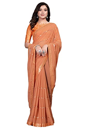 Pratham Blue Women's Sequins Georgette Fancy Saree with Blouse piece (PB-102_Orange)
