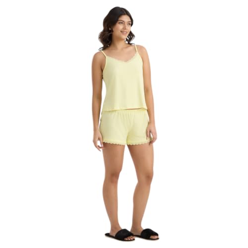 AMMARZO Women's Lace Camisole & Shorts Nightwear Set | Buttercream Yellow