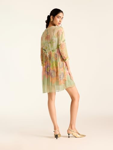 Label RITU KUMAR Green Miley Full Sleeves Printed Short Dress