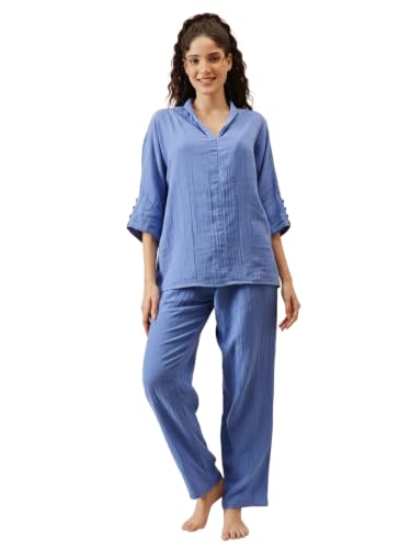 Clovia Solid V-Neck Long Top & Pyjama Set in Navy Colour (LS0772P08_Navy Blue_L)